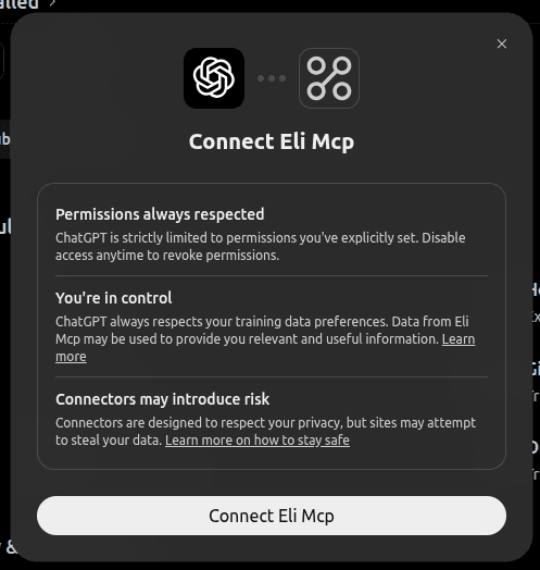 ChatGPT's Connect Eli Mcp window with a Connect button at the bottom