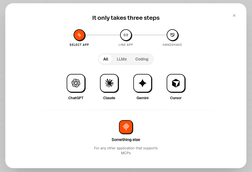LMNTS's app picker showing ChatGPT, Claude, Gemini and Cursor