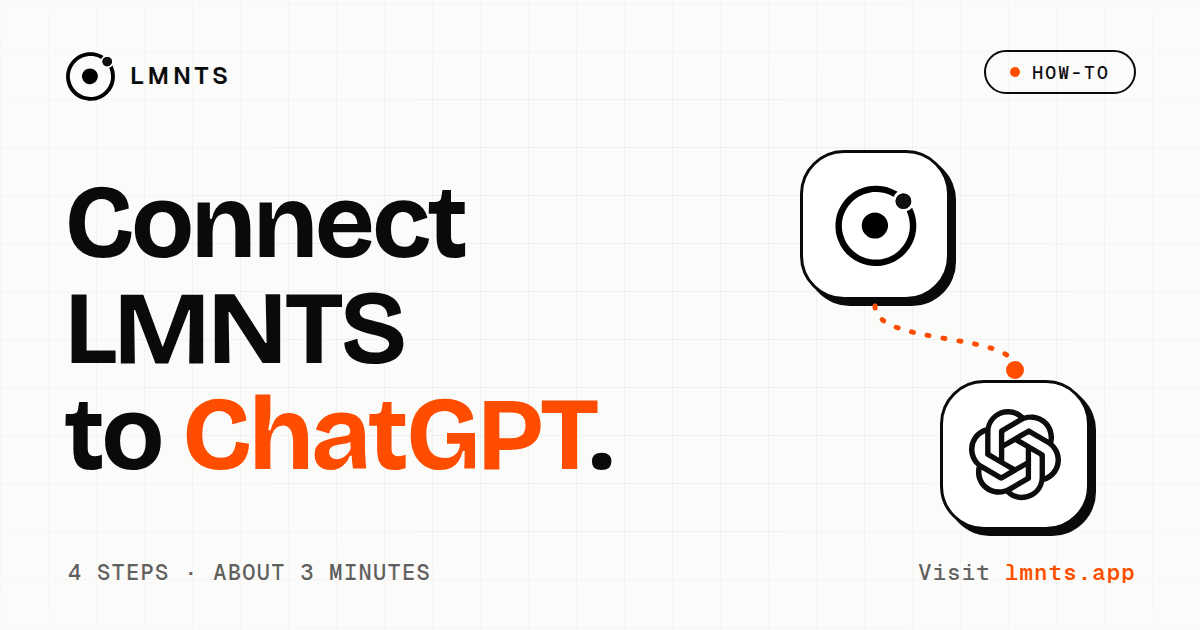 Connect LMNTS to ChatGPT: the LMNTS mark and a ChatGPT badge joined by a dotted orange line