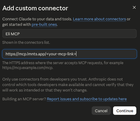 Claude's Add custom connector window with the name Eli MCP and a box for your link