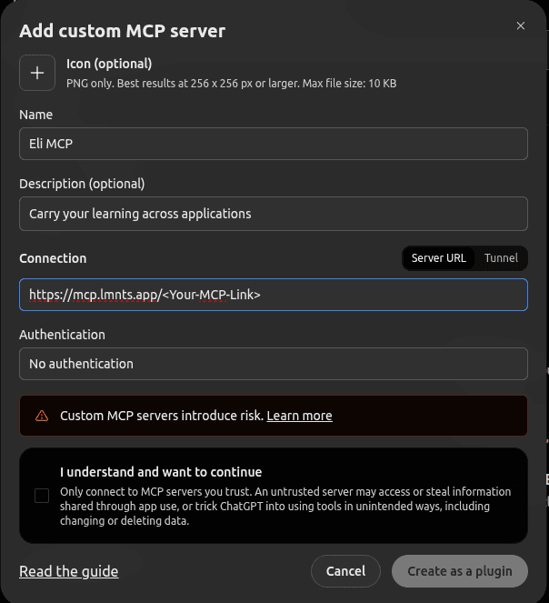 ChatGPT's custom MCP server form with the name, link and authentication filled in