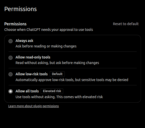 ChatGPT's plugin permissions with Allow all tools selected