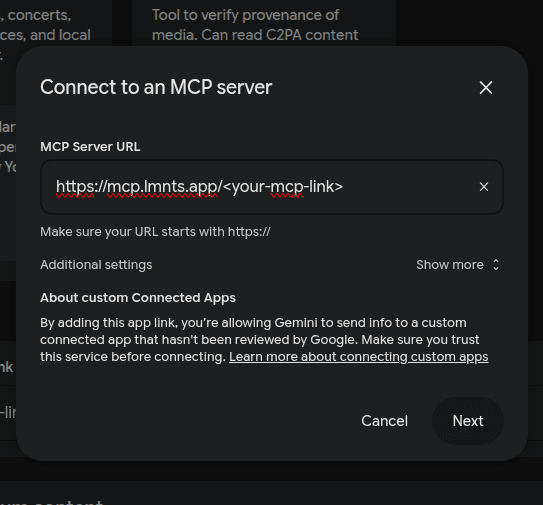 Gemini's Connect to an MCP server window showing your link and a Next button