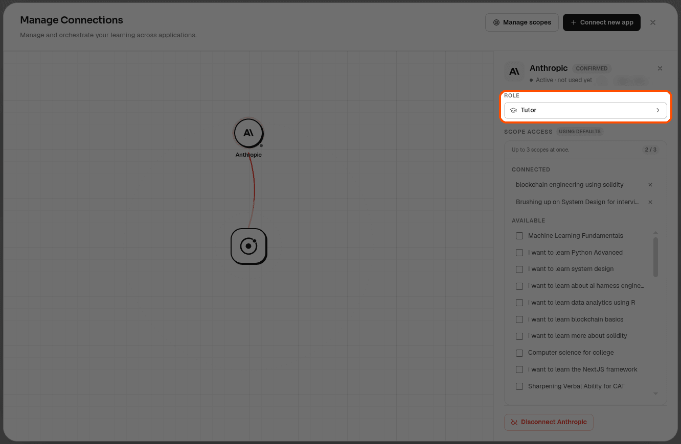 The Manage Connections window in LMNTS with a connected app selected and the Role picker, currently set to Tutor, highlighted in the side panel