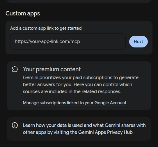 Gemini's Apps page with the Custom apps box for adding a link and a Next button
