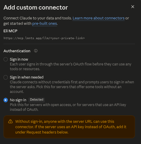 Claude's sign-in options with No sign-in selected and marked Detected