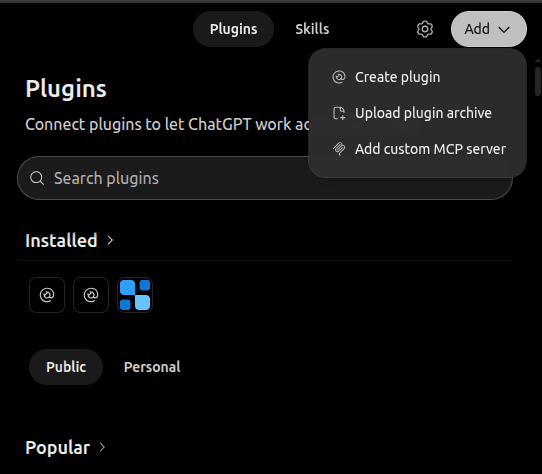 ChatGPT's Plugins page with the Add menu open and Add custom MCP server at the bottom