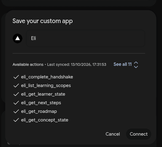 Gemini's Save your custom app window with a name box, a list of actions and a Connect button