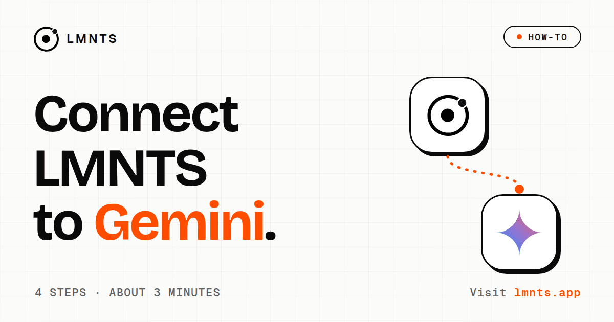 Connect LMNTS to Gemini: the LMNTS mark and a Gemini badge joined by a dotted orange line