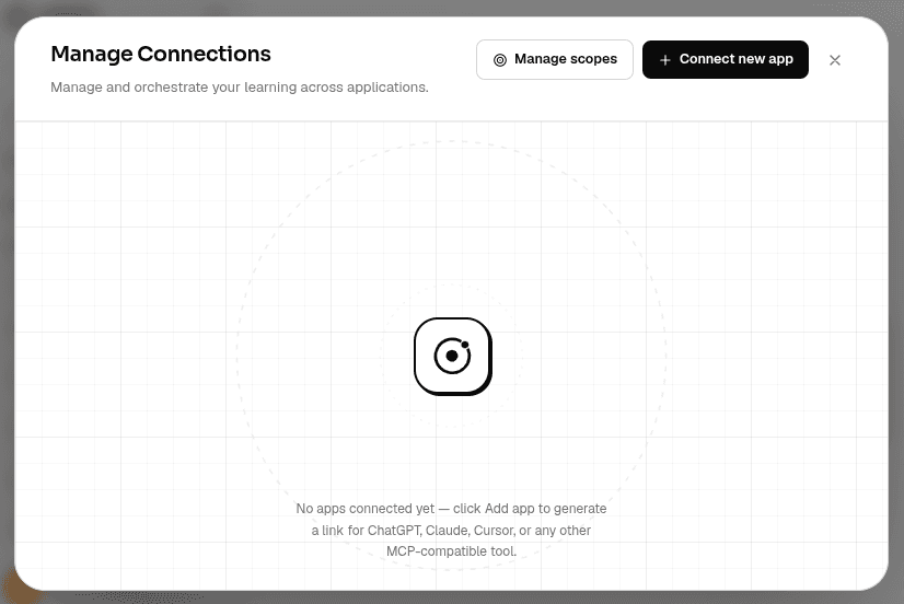The Manage Connections window in LMNTS, with the Connect new app button at the top right