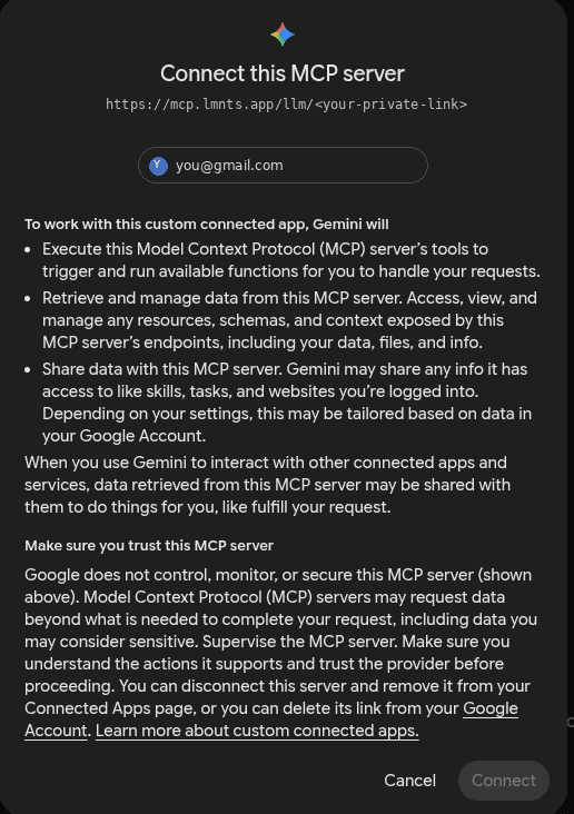 Gemini's Connect this MCP server window with Cancel and Connect buttons