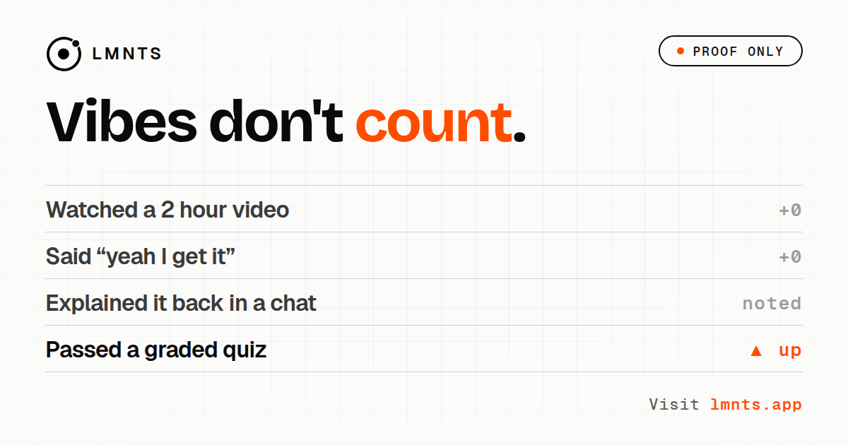 Vibes don't count: watching a two hour video adds nothing, saying yeah I get it adds nothing, explaining it back in a chat gets noted, and passing a graded quiz moves your score up